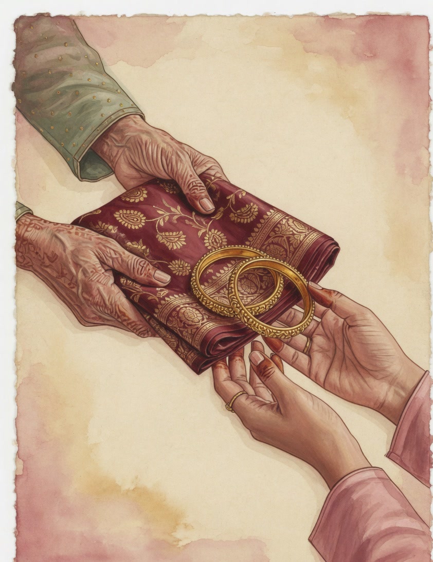 Painted illustration of older hands offering a folded maroon Banarasi and gold bangles to a younger woman's hands