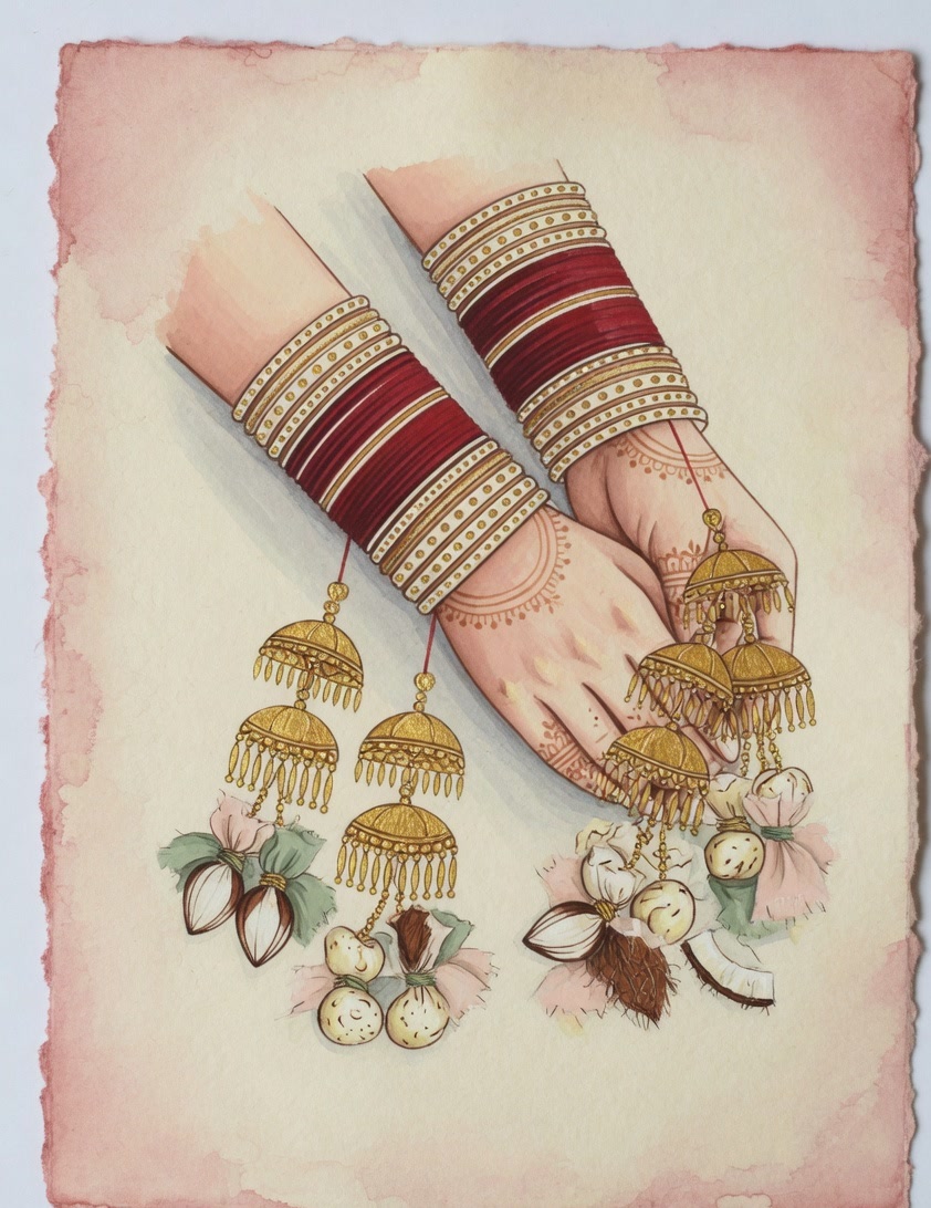 Painted close-up of bridal wrists in red and ivory chooda with gold kalire hanging, dry coconut and nuts tied among them